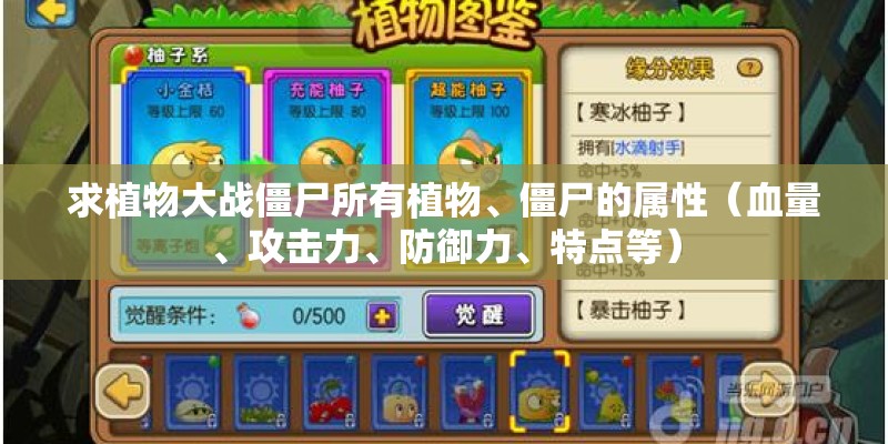 求植物大战僵尸所有植物、僵尸的属性（血量、攻击力、防御力、特点等）